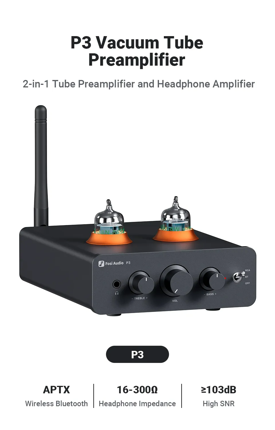 Fosi Audio P3 Tube Preamp with Bluetooth 5.1 Bass & Treble