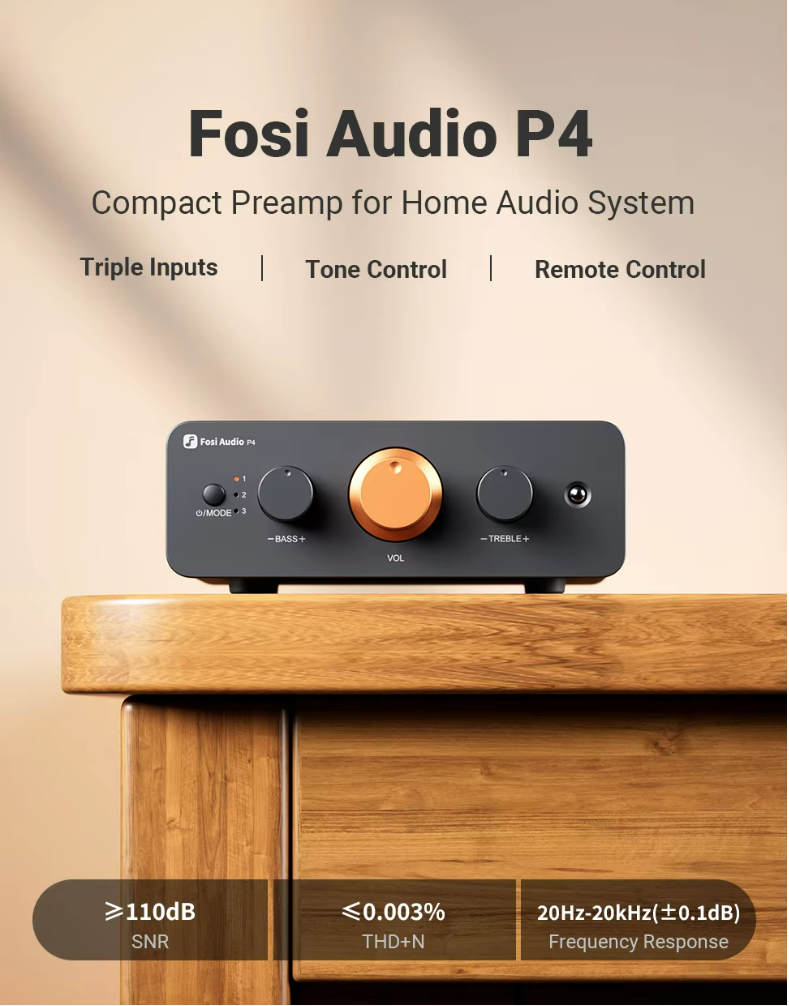Fosi Audio P4 Mini Preamplifier W/3 Inputs Gain Adjustable Bass